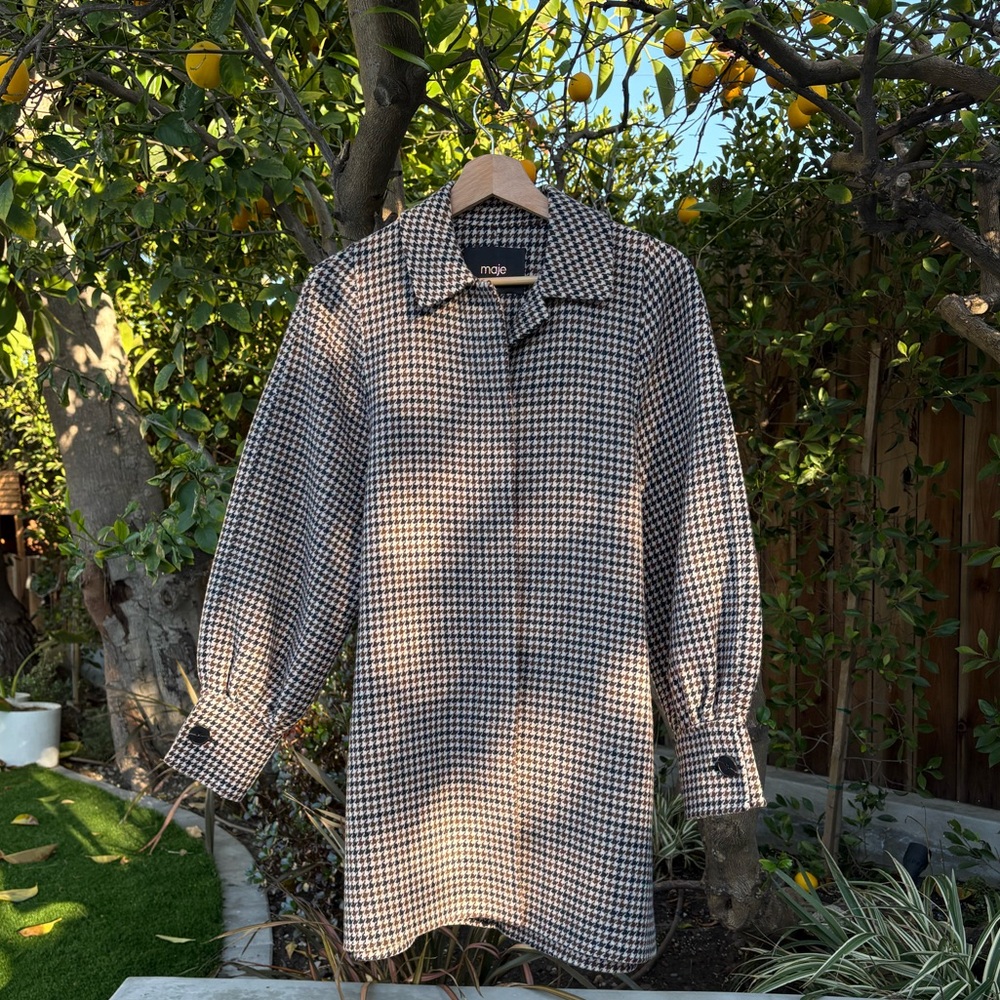 Maje Black, White & Tan Houndstooth Wool Blend Coat